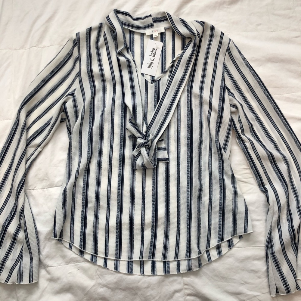 Navy and white long sleeve blouse